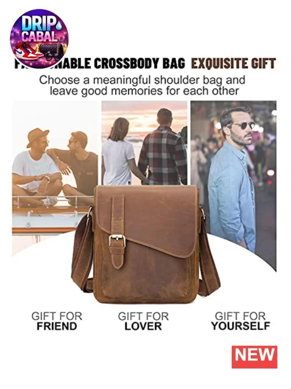 Genuine Cowhide Leather Messenger Crossbody Bag for Men Fits Tablet
